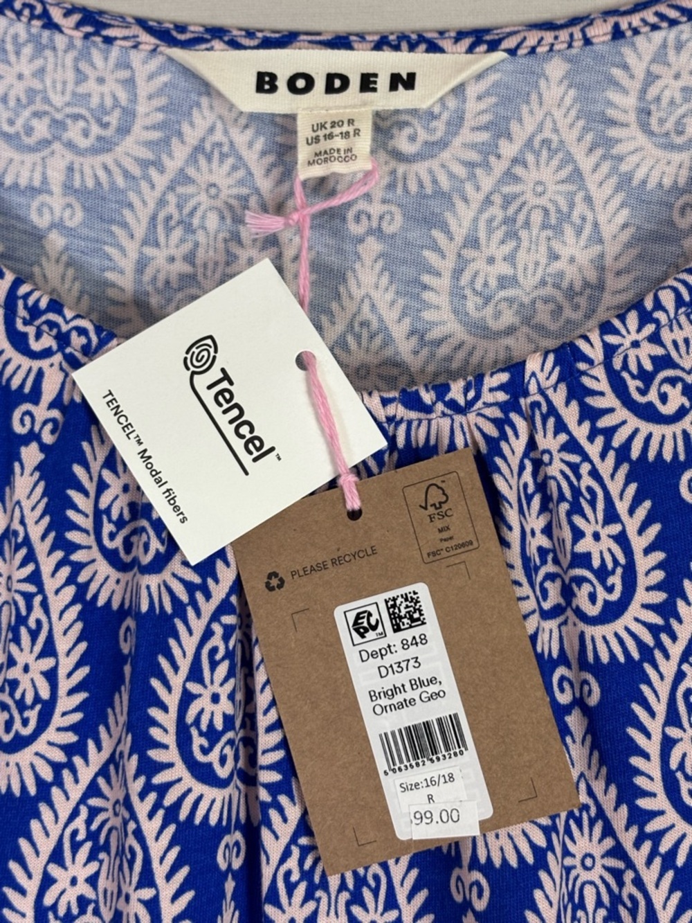 Boden Blue White Print Midi Dress US 16-18 Pockets Short Sleeve NWT - Picture 6 of 9